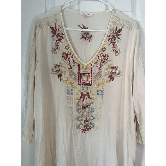 Solitaire Beige Embroidered Floral Top Bohemian Summer Women Medium - Picture 4 of 7